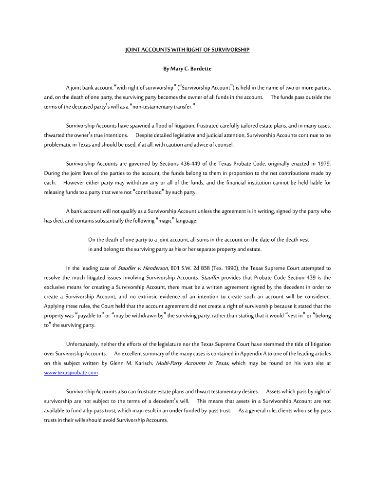 Fillable Online JOINT ACCOUNTS WITH RIGHT OF SURVIVORSHIP Fax Email