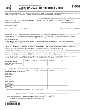 New York QEZE Tax Reduction Credit Form IT-604