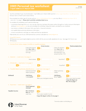 New Zealand Personal Tax Worksheet IR 746