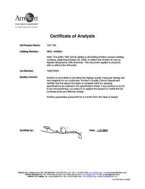 Certificate of Analysis for 10X TAE Kit