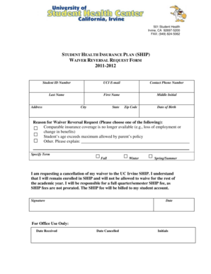 Student Health Insurance Plan Waiver Reversal Request Form
