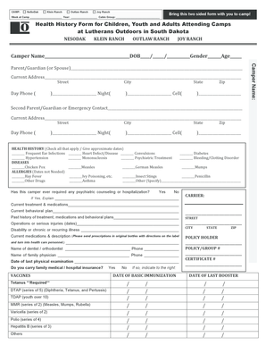 Health History Form for Campers