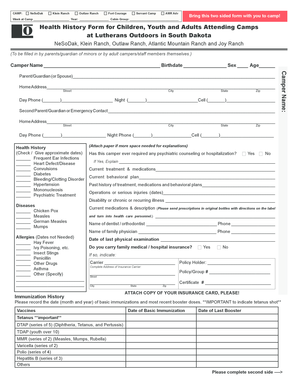 Health History Form for Campers