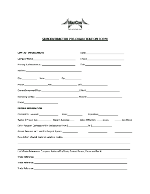 Subcontractor Pre-Qualification Form