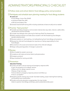 School Food Allergy Management Checklist