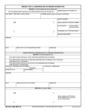 DD Form 1285 Request for VA Compensation or Pension Information