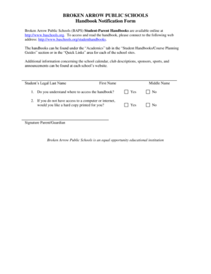 Broken Arrow Public Schools Handbook Notification Form