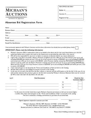 Michaan's Auctions Absentee Bid Form
