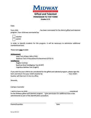 Gifted and Talented Permission to Test Form