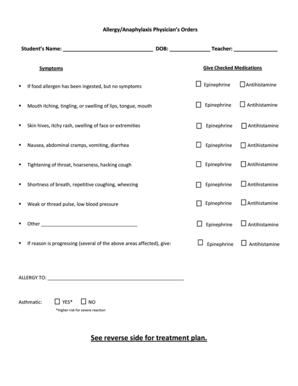 Allergy Anaphylaxis Physician Orders Form