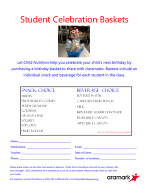 Child Birthday Celebration Basket Order Form