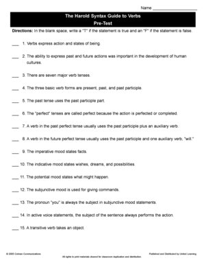 The Harold Syntax Guide to Verbs Pre-Test