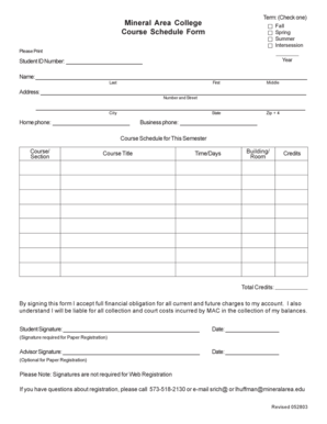 Mineral Area College Course Schedule Form