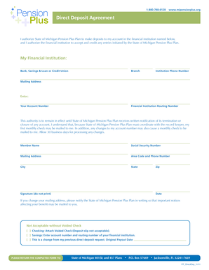 Michigan Pension Plus Direct Deposit Agreement