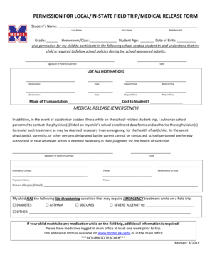 Field Trip Permission and Medical Release Form