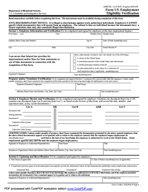 US Form I-9 Employment Eligibility Verification