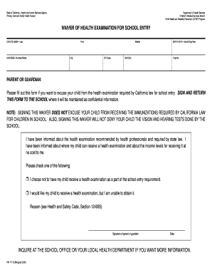 California School Entry Health Exam Waiver