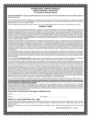 International Comfort Products Limited Warranty Certificate