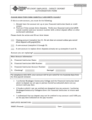 Student Employee Direct Deposit Authorization Form