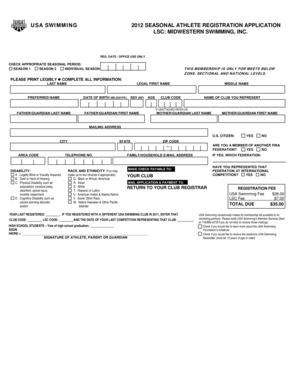 USA Swimming 2012 Seasonal Athlete Registration Application