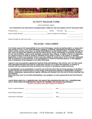 Sun Devil Soccer Camp Activity Release Form