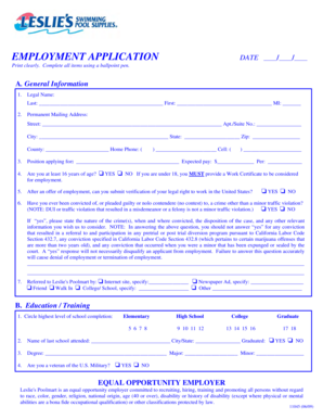 Leslie's Poolmart Employment Application