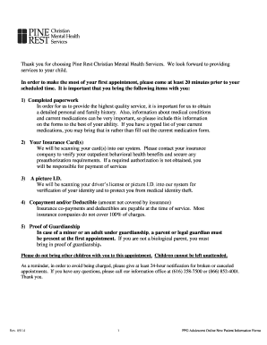 Pine Rest Adolescent New Patient Information Form