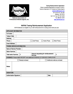 NAPAA Towing Reimbursement Application
