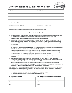 Swim Camp Consent Release & Indemnity Form
