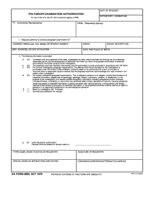 POLYGRAPH EXAMINATION AUTHORIZATION DA FORM 2805 - apd army