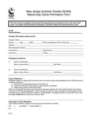 New Jersey Audubon Nature Day Camp Permission Form
