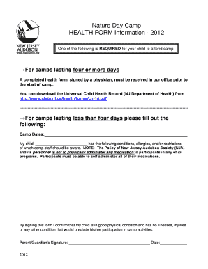 New Jersey Audubon Camp Health Form