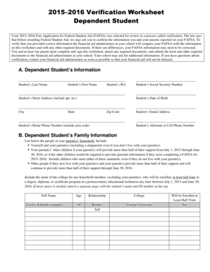 2015–2016 Verification Worksheet