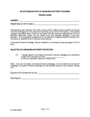 Pennsylvania Uninsured Motorist Coverage Selection/Rejection Form