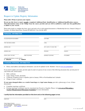 Ontario College of Teachers Registry Update Form
