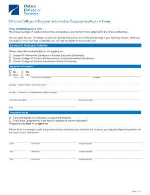 Ontario College of Teachers Scholarship Application Form