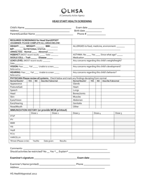 Head Start Health Screening Form