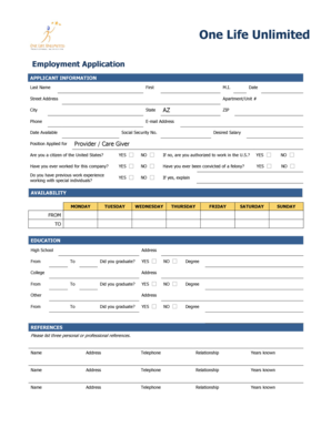 Employment Application for One Life Unlimited
