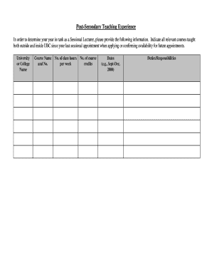 Post-Secondary Teaching Experience Form