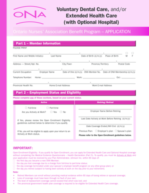 Ontario Nurses' Association Extended Health Care Application