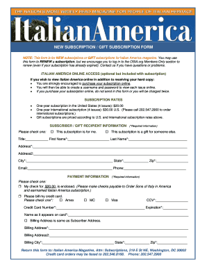 Italian America Magazine Subscription Form