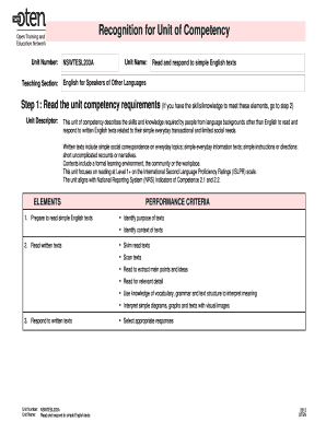 NSW Read and Respond to Simple English Texts Form