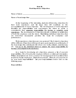 Work Experience Objectives Form for Design Interns
