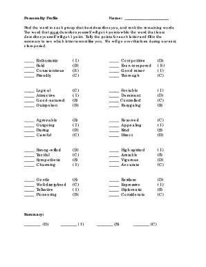 Personality Profile Assessment Form