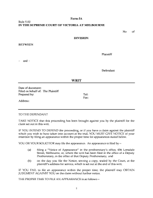 Victoria Supreme Court Writ Form 5A