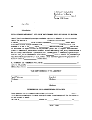 Stipulation for Installment Settlement and Stay