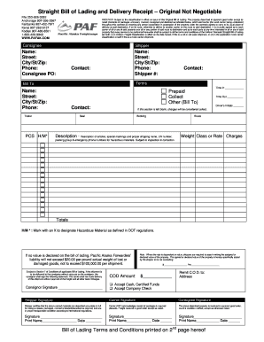 Straight Bill of Lading and Delivery Receipt