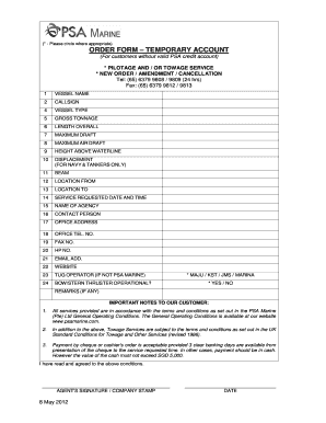 PSA Marine Temporary Account Order Form