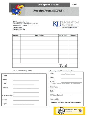 KU Sport Clubs Receipt Form