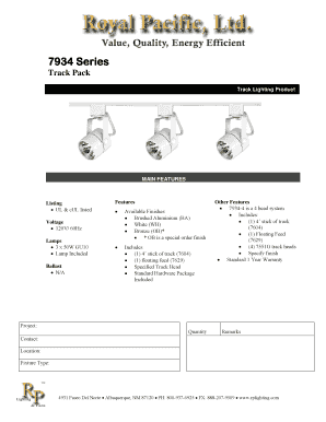 Track Lighting Product Specification Sheet